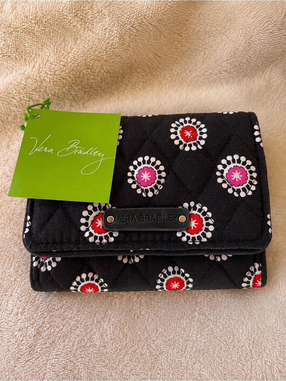 Vera Bradley Petite Trifold Wallet Parisian Pom Poms NWT Black Pink